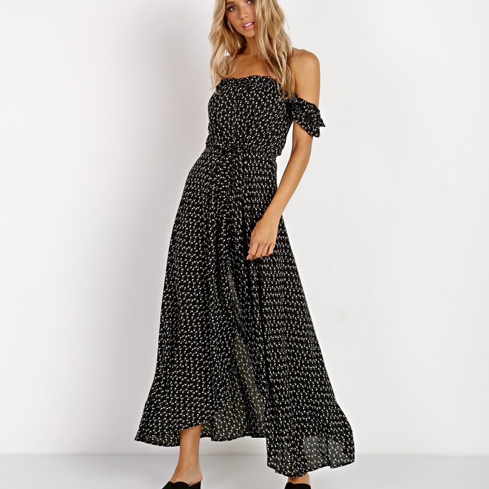 Auguste Button Down Dress Black Flowers
